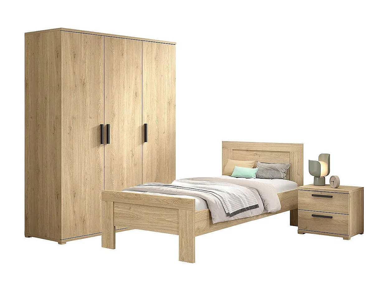 MARCO - Chambre Enfant Lit 90x200cm + Chevet + Armoire 3 Portes Aspect Chêne clair