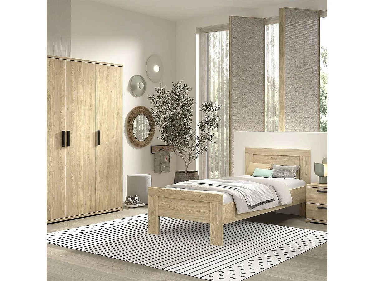 MARCO - Chambre Enfant Lit 90x200cm + Chevet + Armoire 3 Portes Aspect Chêne clair