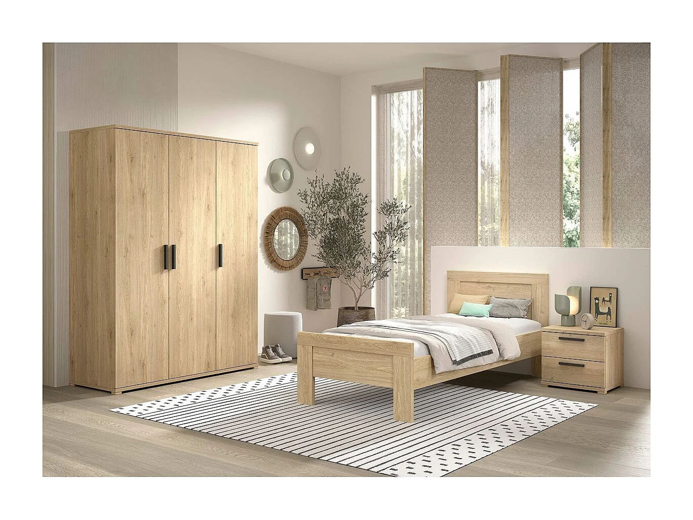 MARCO - Chambre Enfant Lit 90x200cm + Chevet + Armoire 3 Portes Aspect Chêne clair