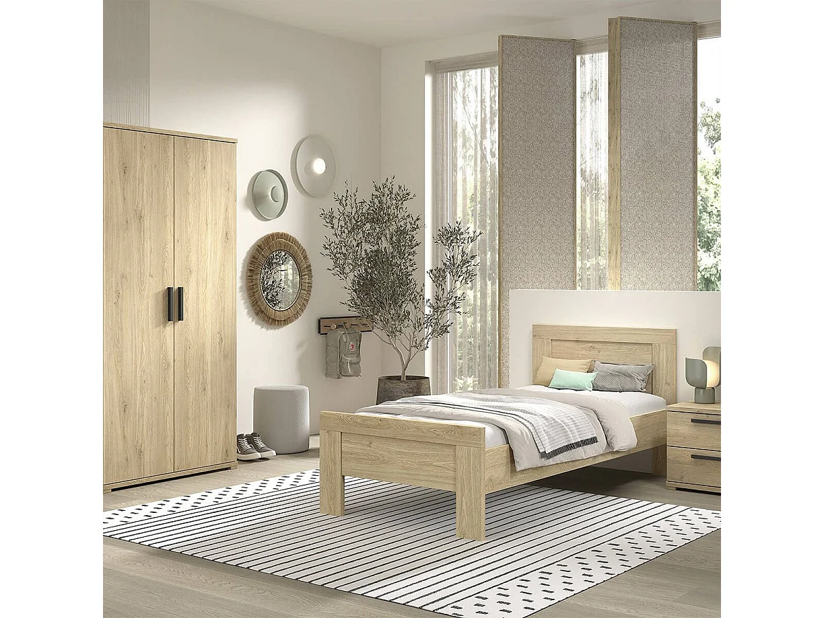 MARCO - Chambre Enfant Lit 90x200cm + Chevet + Armoire 2 Portes Aspect Chêne