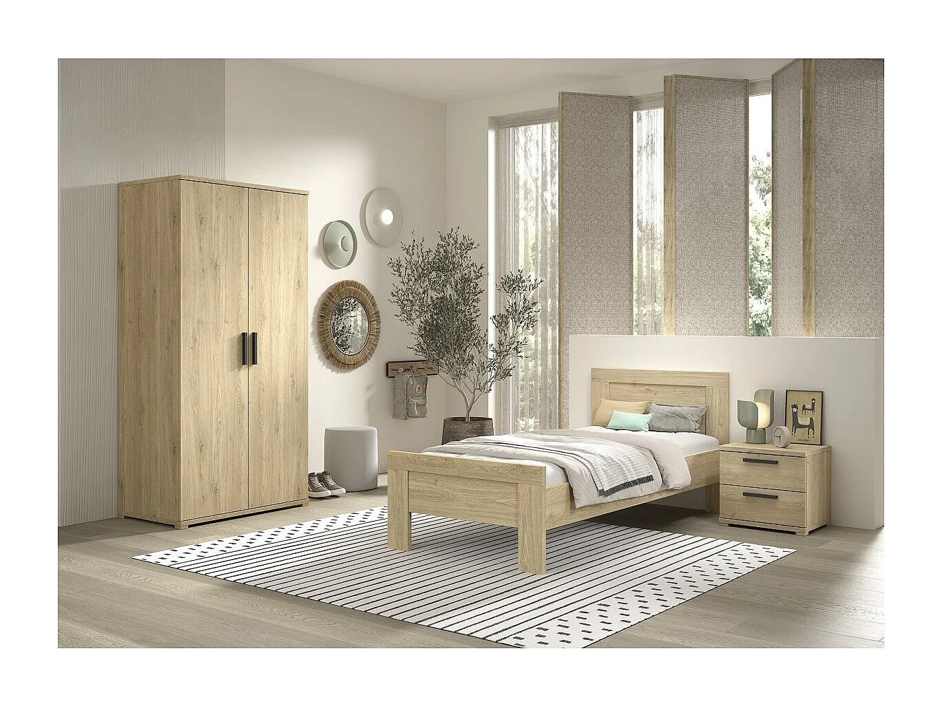 MARCO - Chambre Enfant Lit 90x200cm + Chevet + Armoire 2 Portes Aspect Chêne