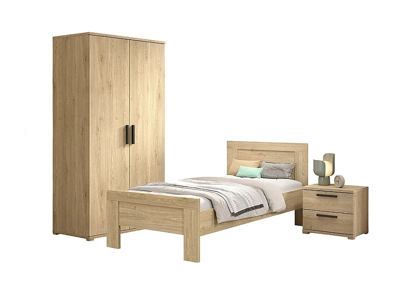 MARCO - Chambre Enfant Lit 90x200cm + Chevet + Armoire 2 Portes Aspect Chêne