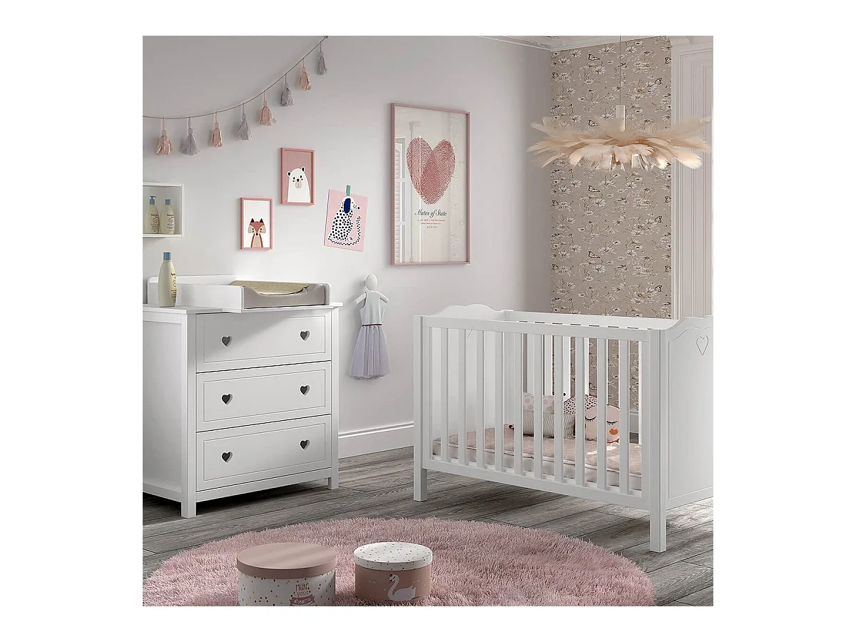MILADY - Ensemble Lit bébé 60x120cm avec Commode et Plan à langer laqué Blanc