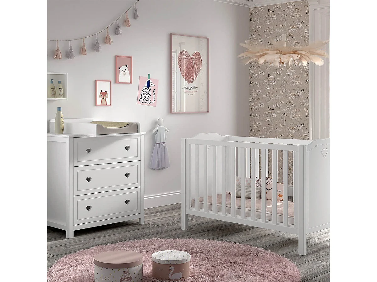 MILADY - Ensemble Lit bébé 60x120cm avec Commode et Plan à langer laqué Blanc