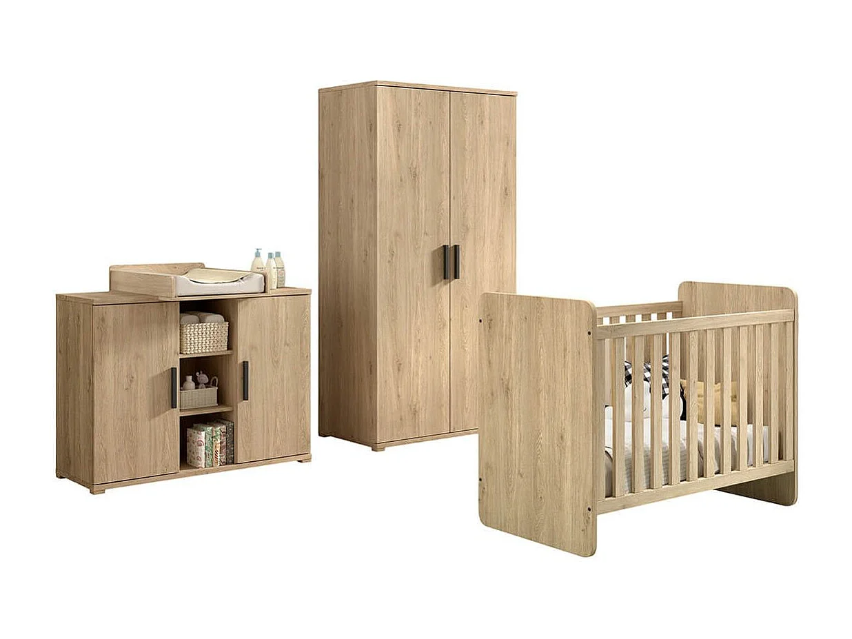 MARCO - Chambre Bébé Lit 60x120cm + Meuble à langer + Armoire 2P Aspect Chêne clair
