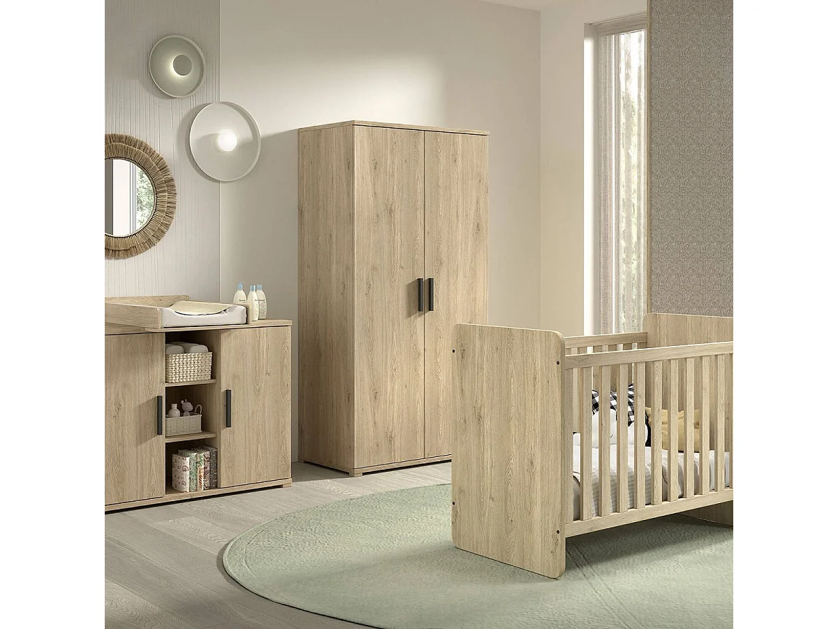 MARCO - Chambre Bébé Lit 60x120cm + Meuble à langer + Armoire 2P Aspect Chêne clair