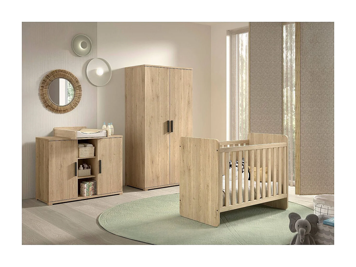 MARCO - Chambre Bébé Lit 60x120cm + Meuble à langer + Armoire 2P Aspect Chêne clair