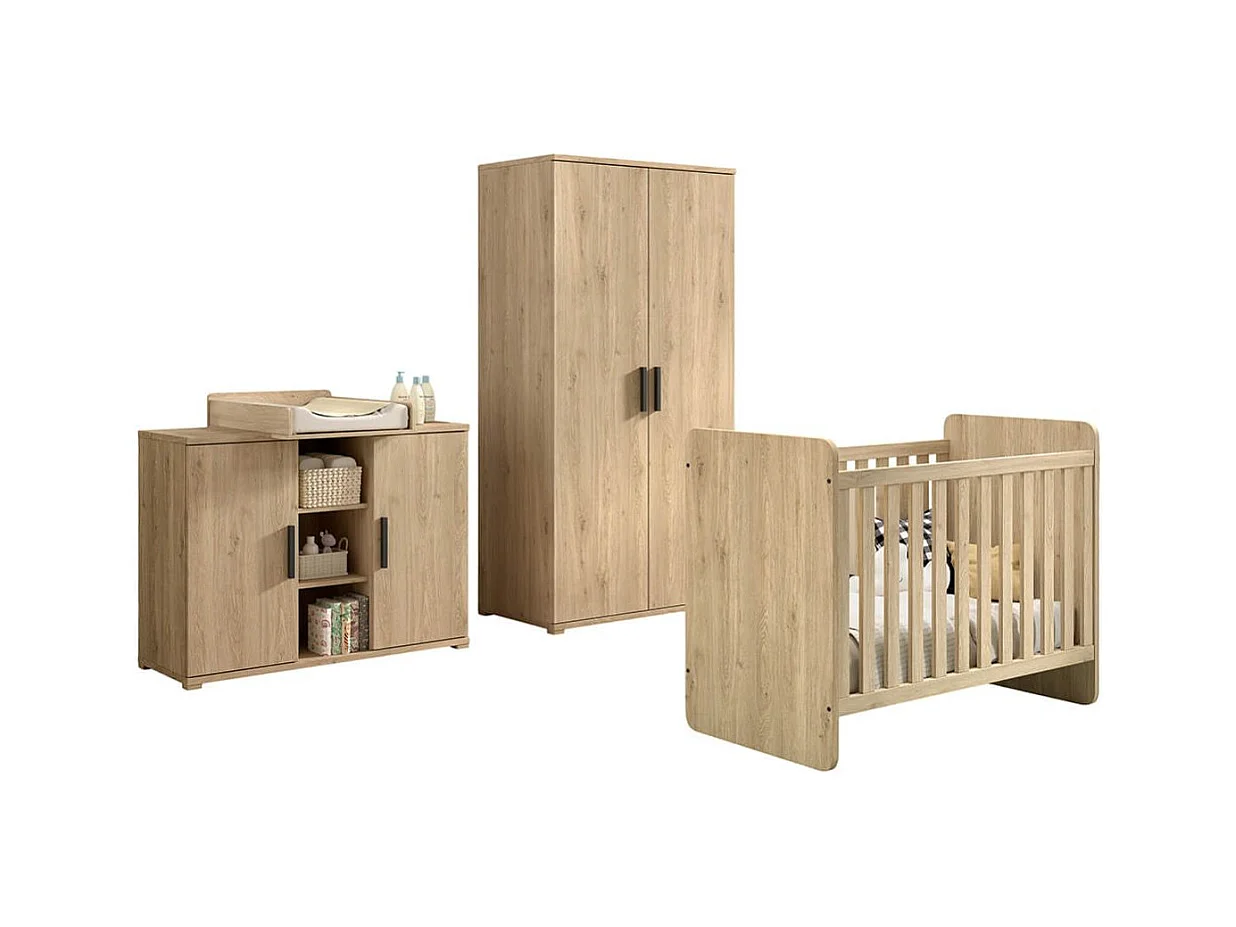 MARCO - Chambre Bébé Lit 60x120cm + Meuble à langer + Armoire 2P Aspect Chêne clair