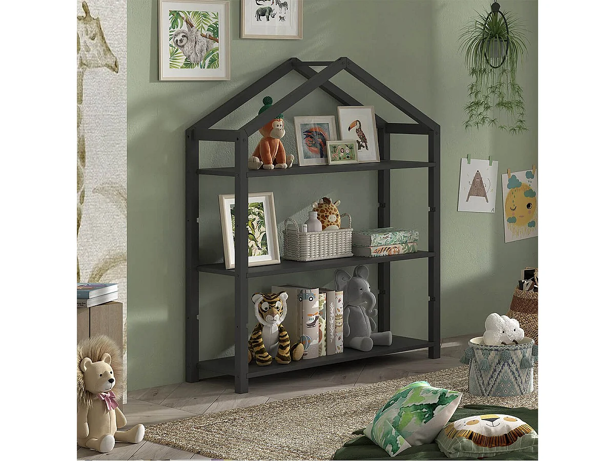 ARKAN - Bibliothèque Cabane en Pin Massif laqué Anthracite 3 Niveaux