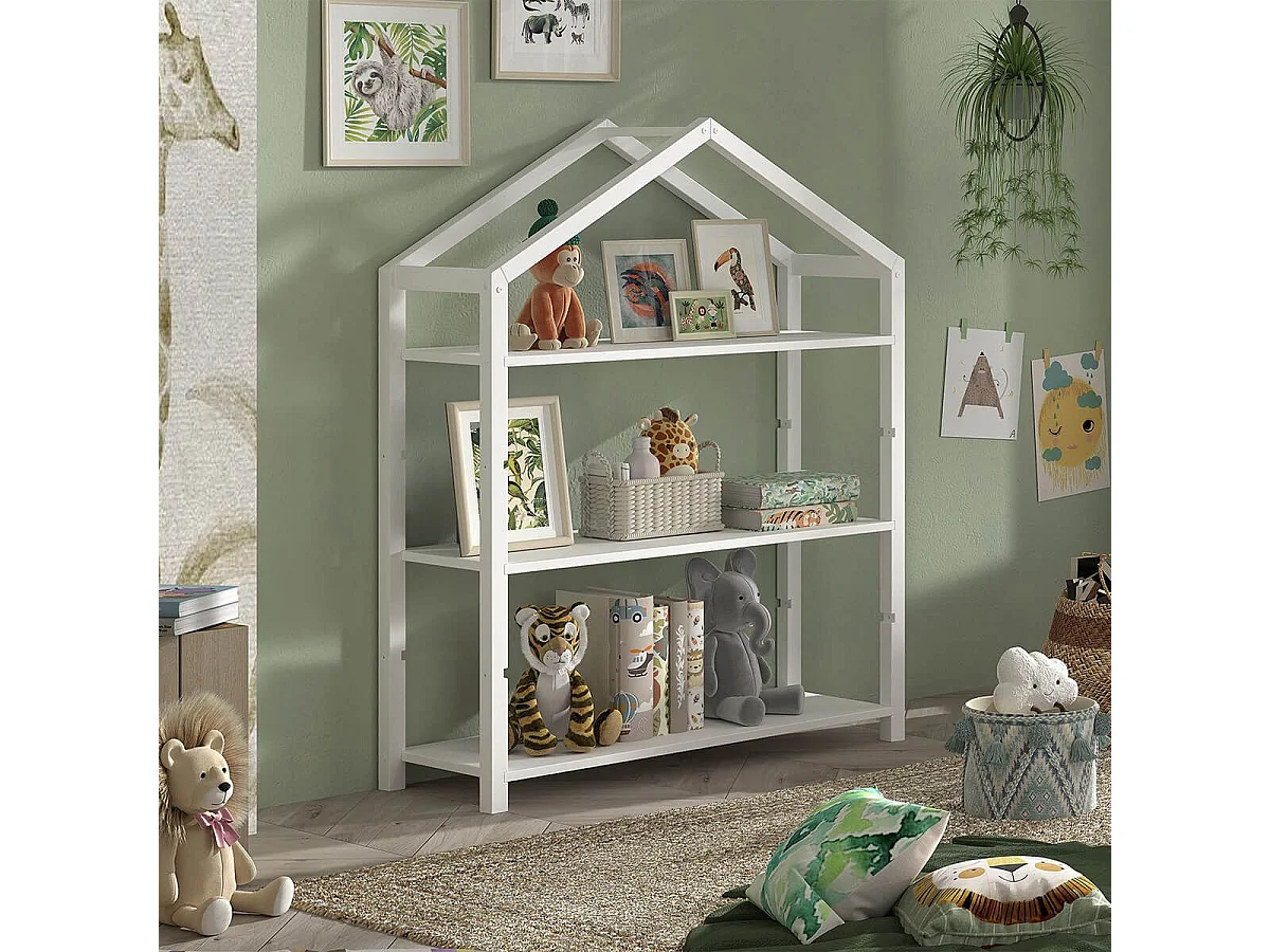 ARKAN - Bibliothèque Cabane en Pin Massif laqué Blanc 3 Niveaux