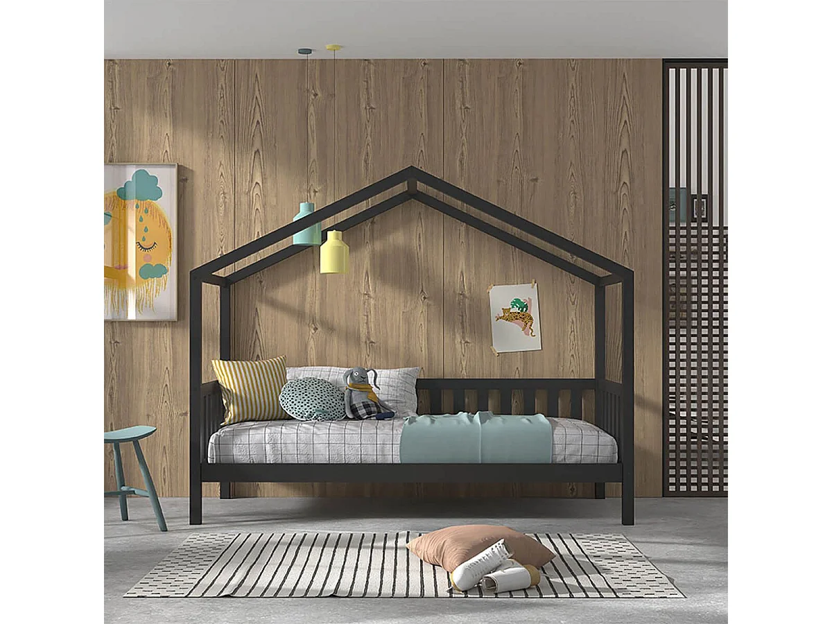 ARKAN - Lit Maison à Barrières 90x200cm Pin Anthracite