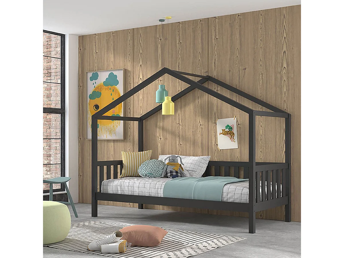 ARKAN - Lit Maison à Barrières 90x200cm Pin Anthracite