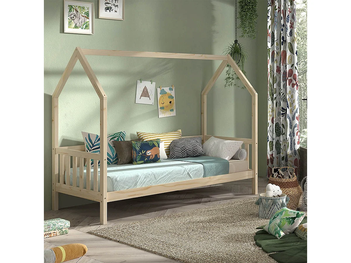 CABANON - Lit Cabane avec Barrières 90x200cm en Pin Massif Naturel