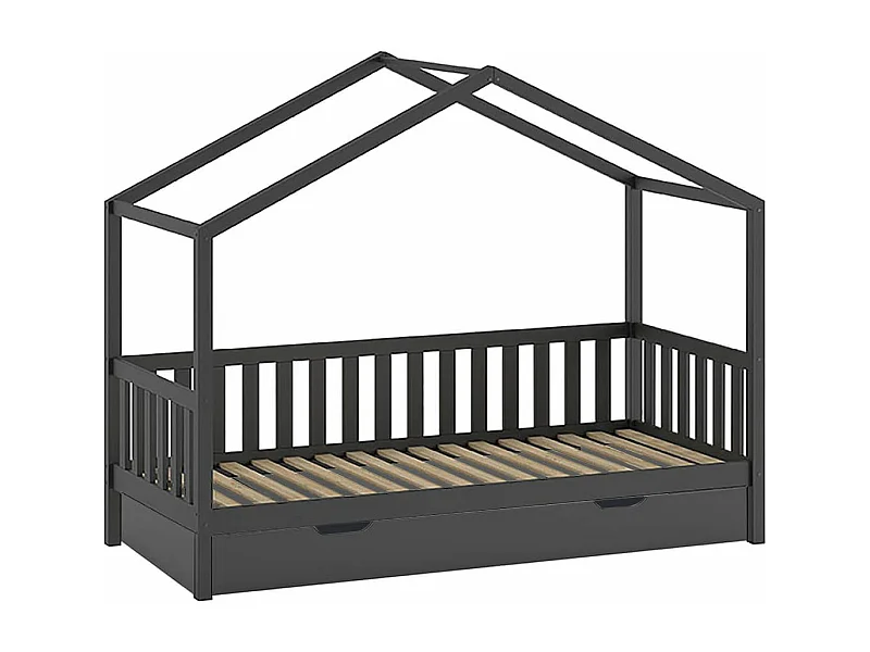 ARKAN - Lit Maison à Barrières 90x200cm Pin Anthracite + Tiroir