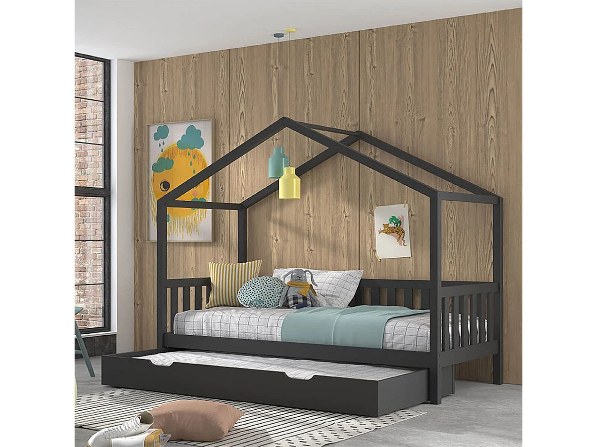 ARKAN - Lit Maison à Barrières 90x200cm Pin Anthracite + Tiroir