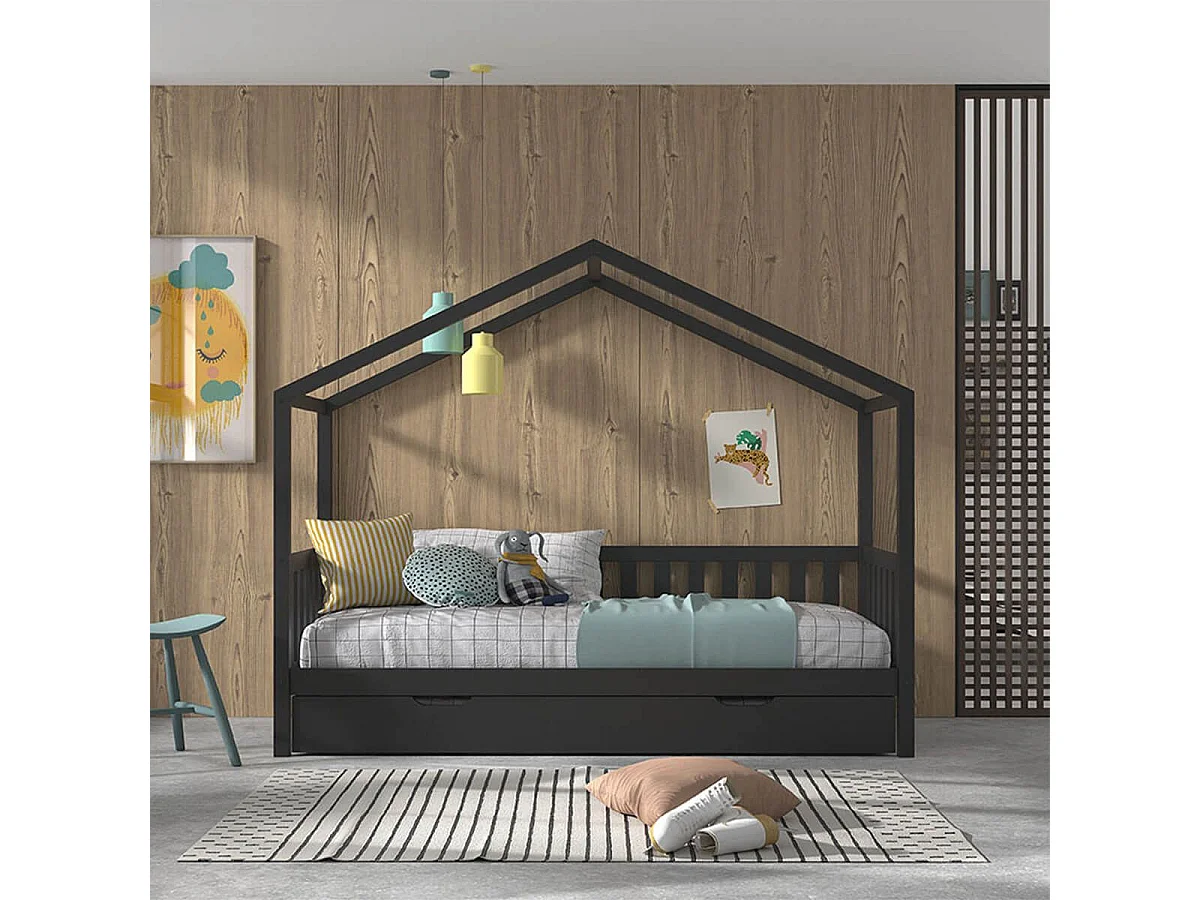 ARKAN - Lit Maison à Barrières 90x200cm Pin Anthracite + Tiroir