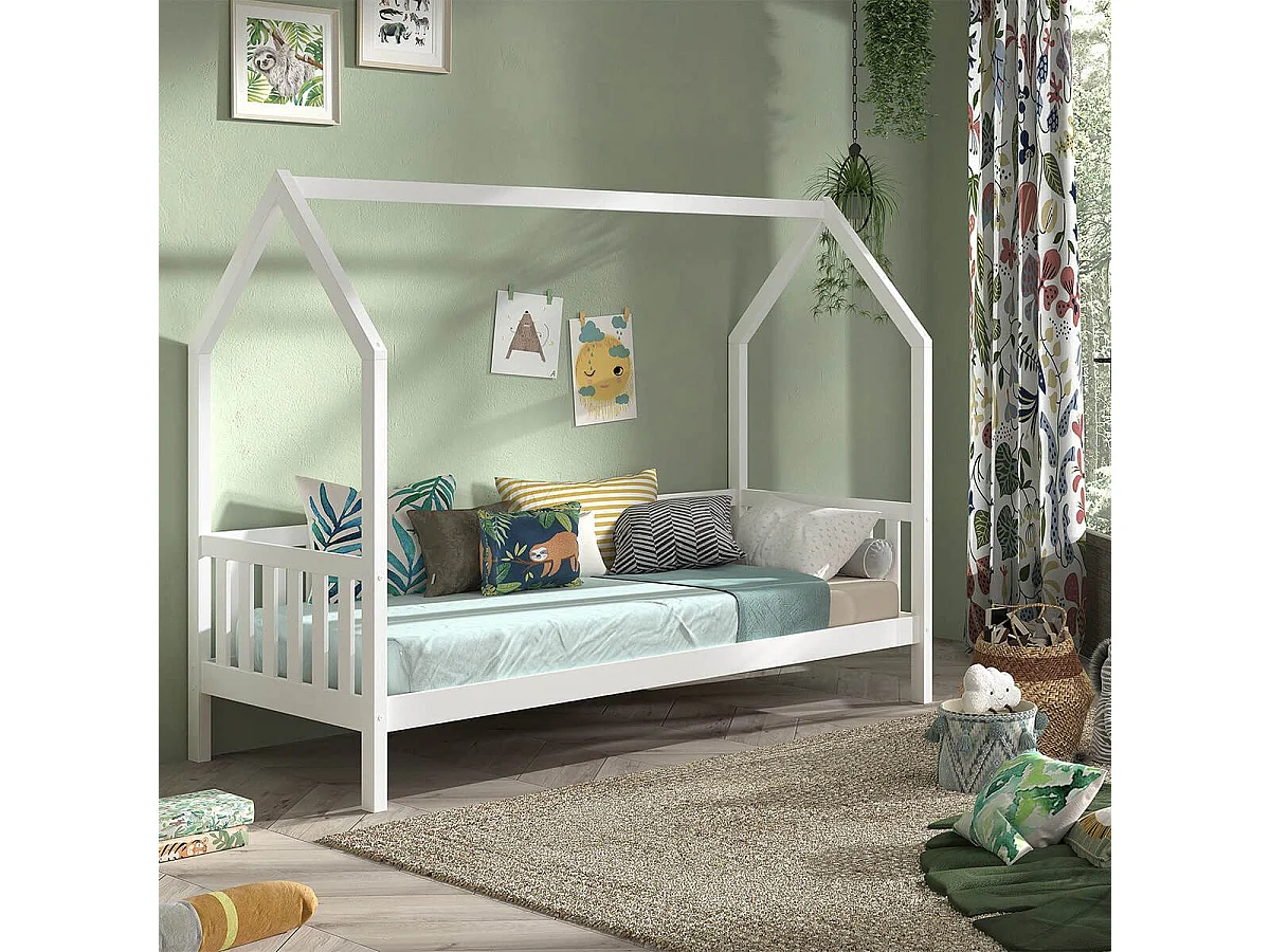 CABANON - Lit Cabane avec Barrières 90x200cm en Pin Massif laqué Blanc