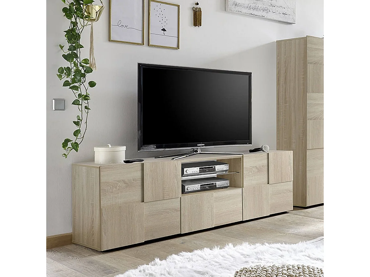 REBECCA - Meuble TV 181 cm Finition Aspect Bois Samoa Relief Damiers