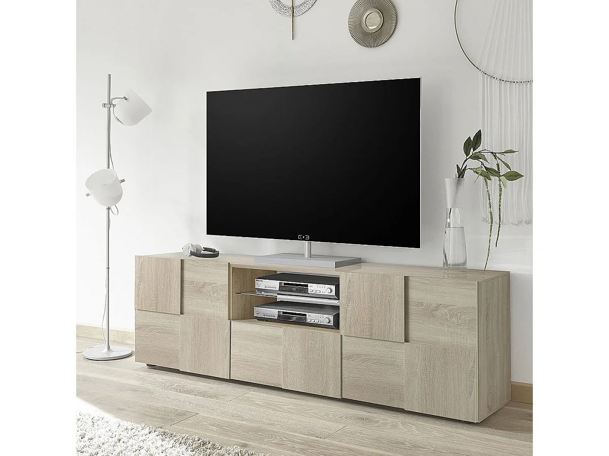 REBECCA - Meuble TV 181 cm Finition Aspect Bois Samoa Relief Damiers