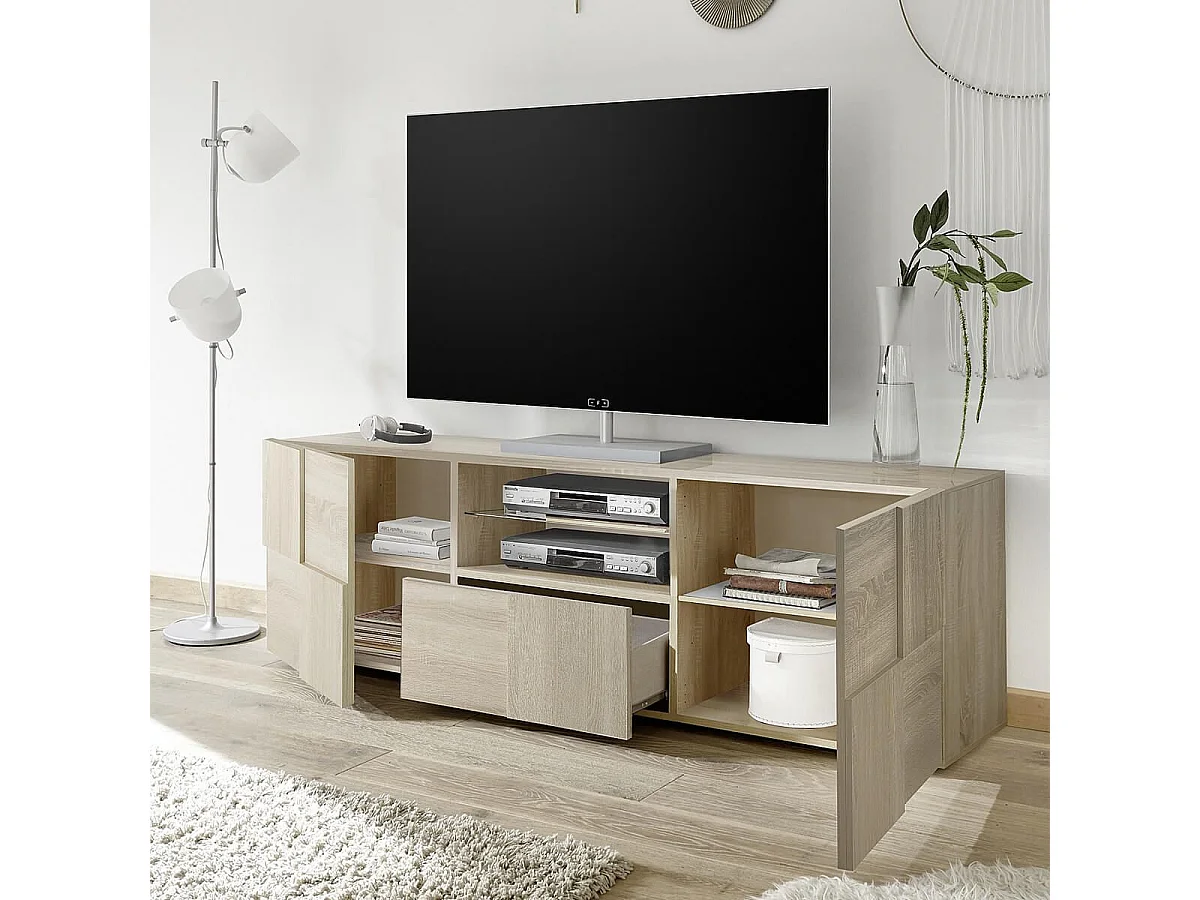 REBECCA - Meuble TV 181 cm Finition Aspect Bois Samoa Relief Damiers