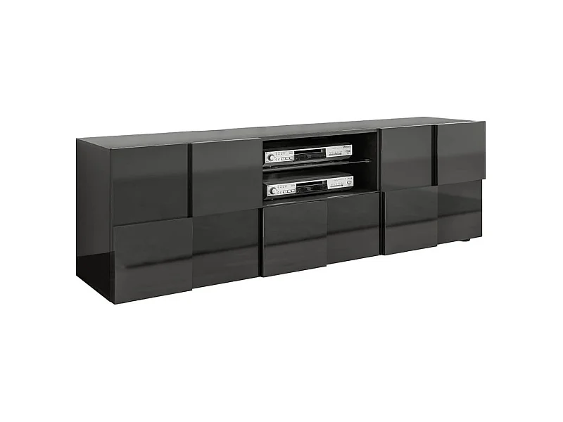 REBECCA - Meuble TV 181 cm Finition Laqué Gris Carbone Relief Damiers