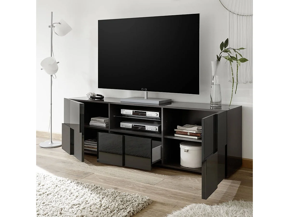 REBECCA - Meuble TV 181 cm Finition Laqué Gris Carbone Relief Damiers