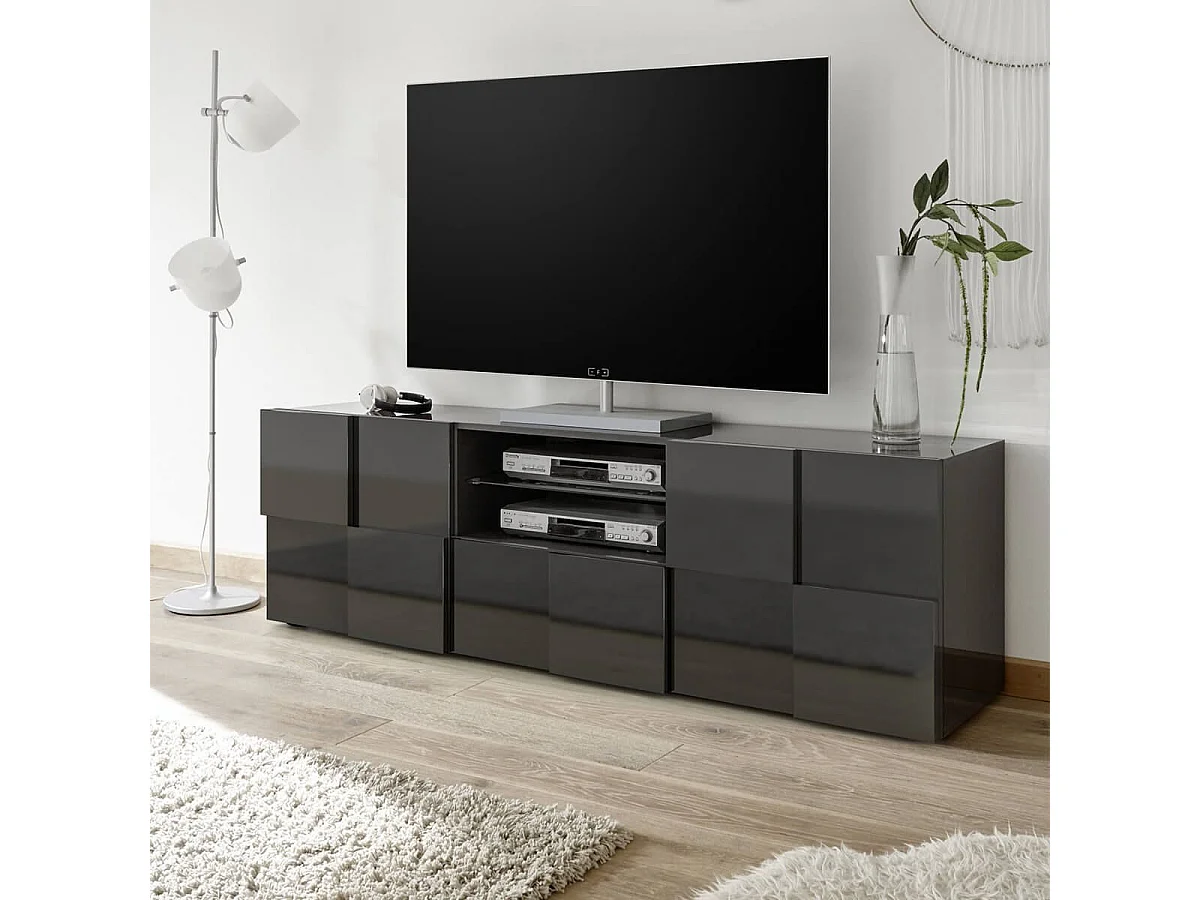 REBECCA - Meuble TV 181 cm Finition Laqué Gris Carbone Relief Damiers