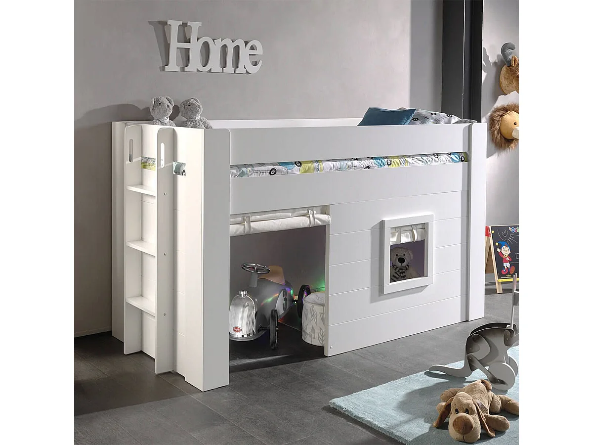 EMRYS - Lit Mi-Hauteur à Fenêtres 90x200cm en MDF Laqué Blanc avec Rideaux