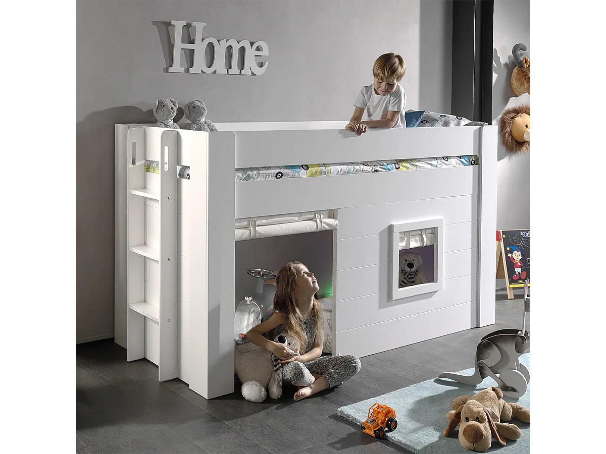 EMRYS - Lit Mi-Hauteur à Fenêtres 90x200cm en MDF Laqué Blanc avec Rideaux