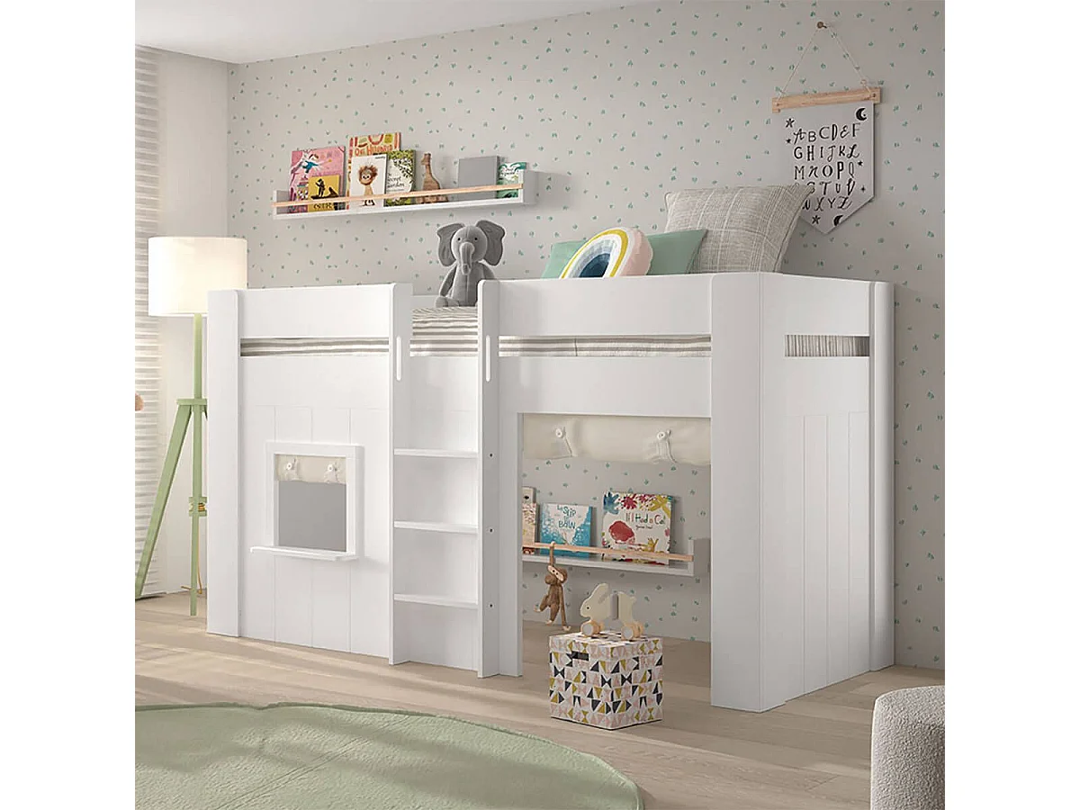 EMRYS - Lit Mi-Hauteur à Fenêtres 90x200cm en MDF Laqué Blanc avec Rideaux