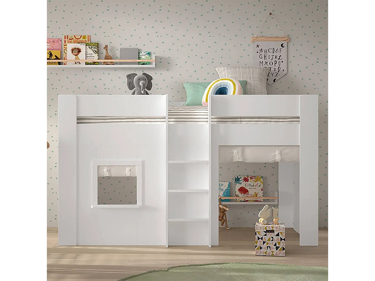 EMRYS - Lit Mi-Hauteur à Fenêtres 90x200cm en MDF Laqué Blanc avec Rideaux