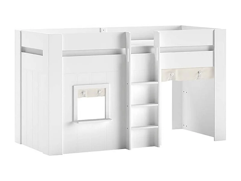 EMRYS - Lit Mi-Hauteur à Fenêtres 90x200cm en MDF Laqué Blanc avec Rideaux