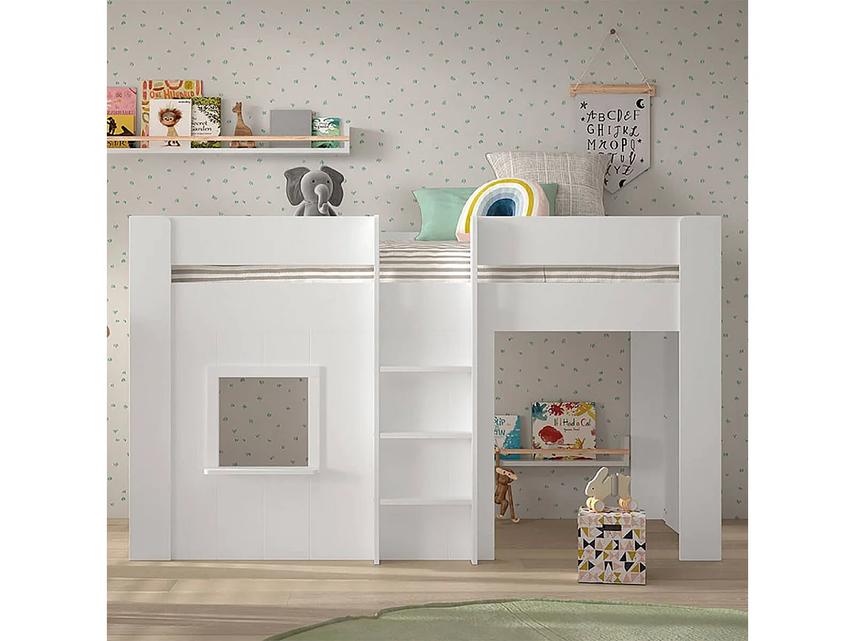 EMRYS - Lit Mi-Hauteur à Fenêtres 90x200cm en MDF Laqué Blanc