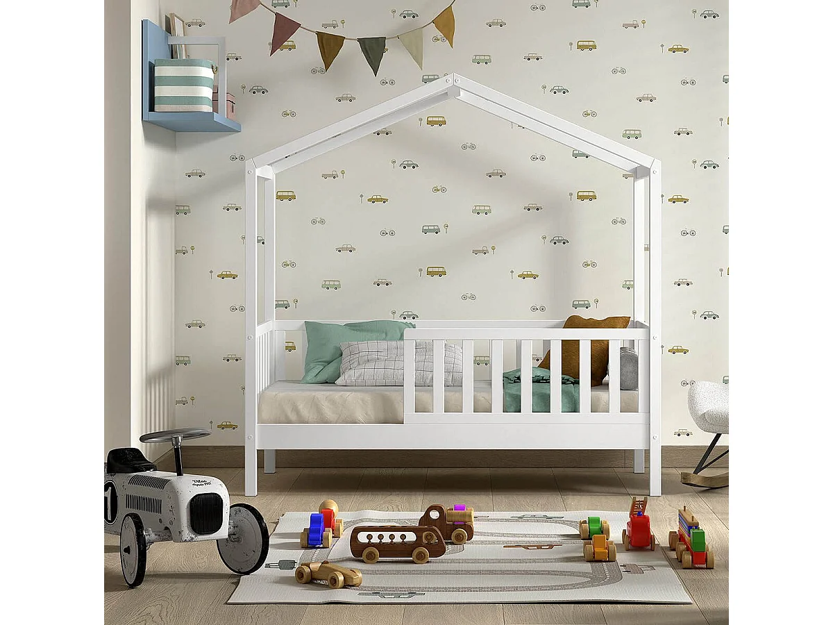 ARKAN - Lit Maison Junior à Barrières 70x140cm Pin Massif laqué Blanc