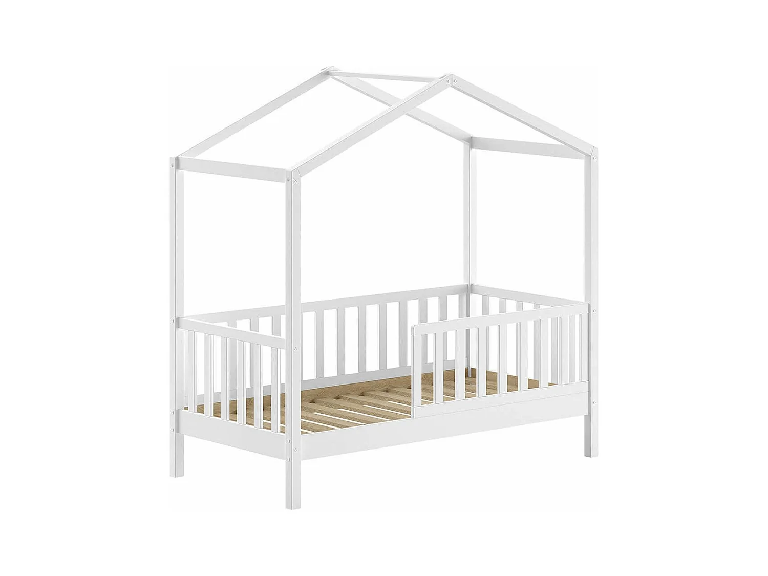 ARKAN - Lit Maison Junior à Barrières 70x140cm Pin Massif laqué Blanc