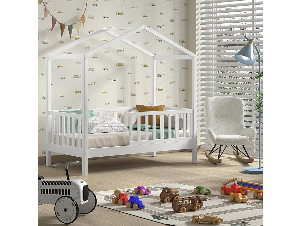 ARKAN - Lit Maison Junior à Barrières 70x140cm Pin Massif laqué Blanc