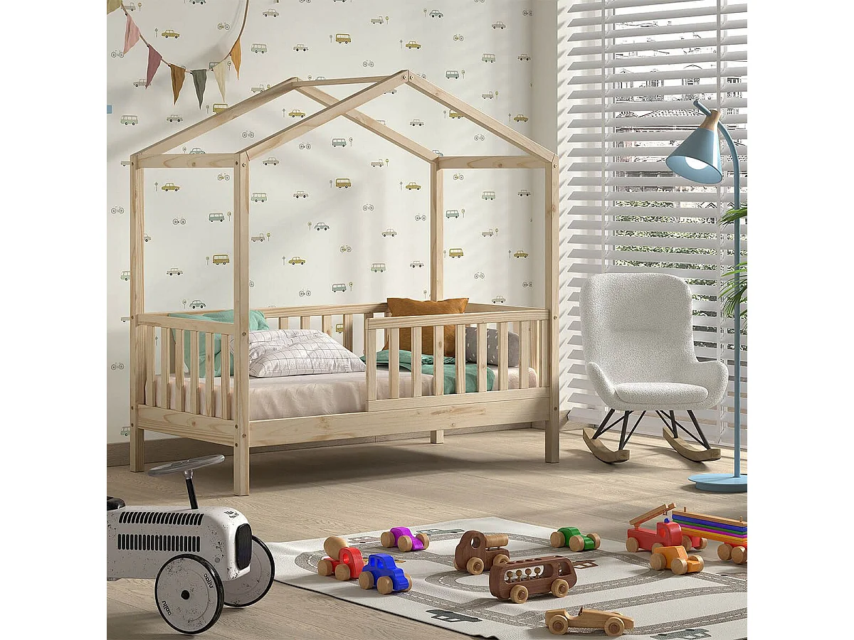 ARKAN - Lit Maison Junior à Barrières 70x140cm Pin Massif Naturel