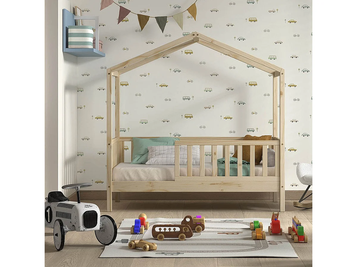 ARKAN - Lit Maison Junior à Barrières 70x140cm Pin Massif Naturel