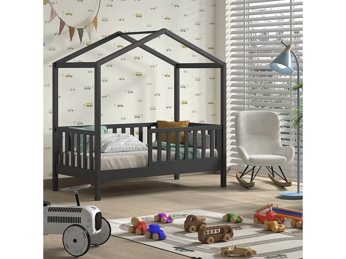 ARKAN - Lit Maison Junior à Barrières 70x140cm Pin Massif laqué Anthracite
