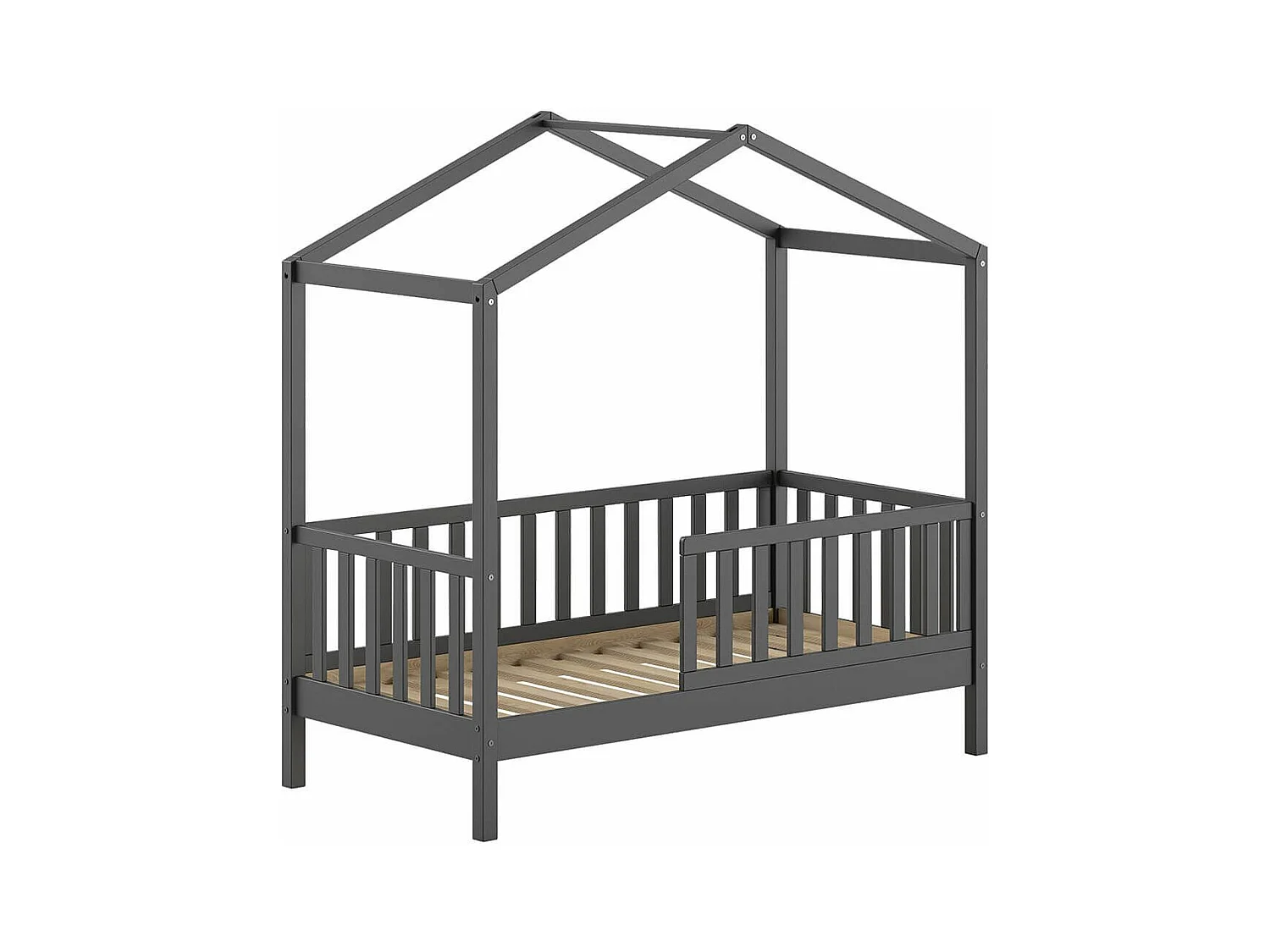 ARKAN - Lit Maison Junior à Barrières 70x140cm Pin Massif laqué Anthracite
