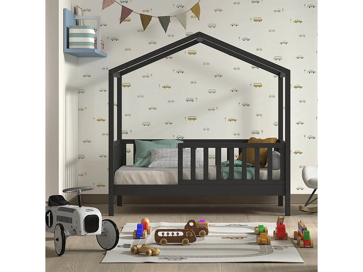 ARKAN - Lit Maison Junior à Barrières 70x140cm Pin Massif laqué Anthracite