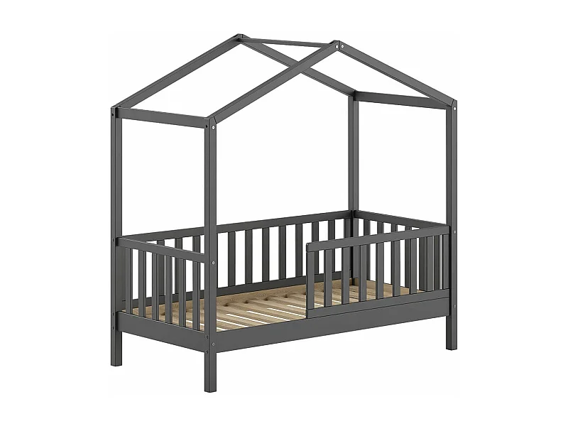 ARKAN - Lit Maison Junior à Barrières 70x140cm Pin Massif laqué Anthracite