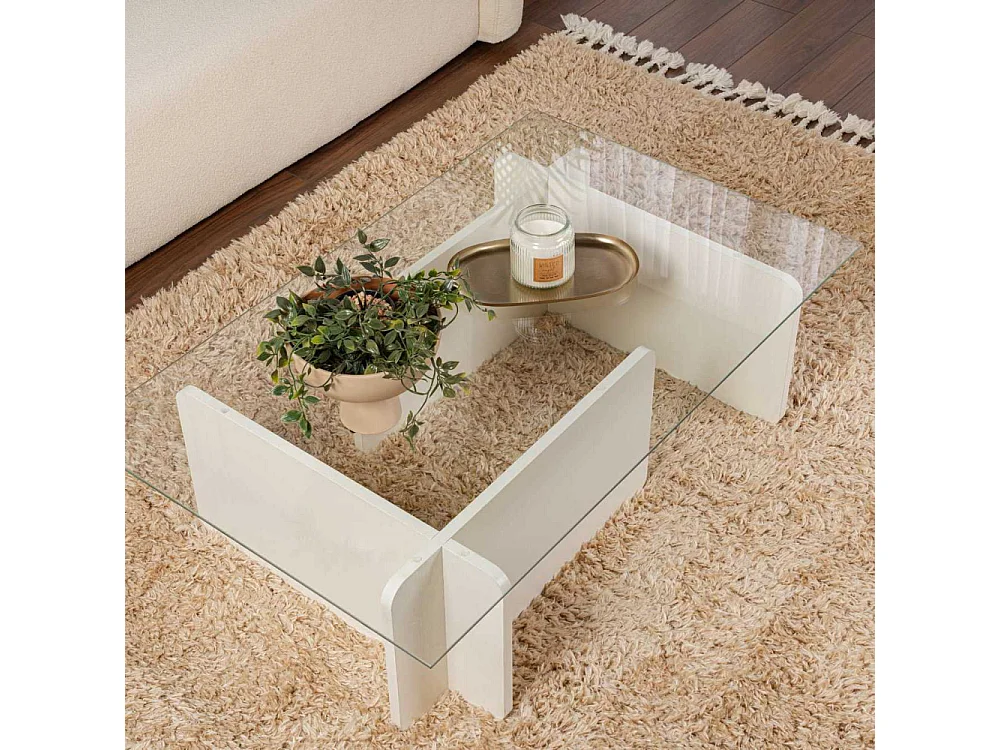 Table basse moderne Kerlo L105cm Bois Blanc et Verre trempé Transparent