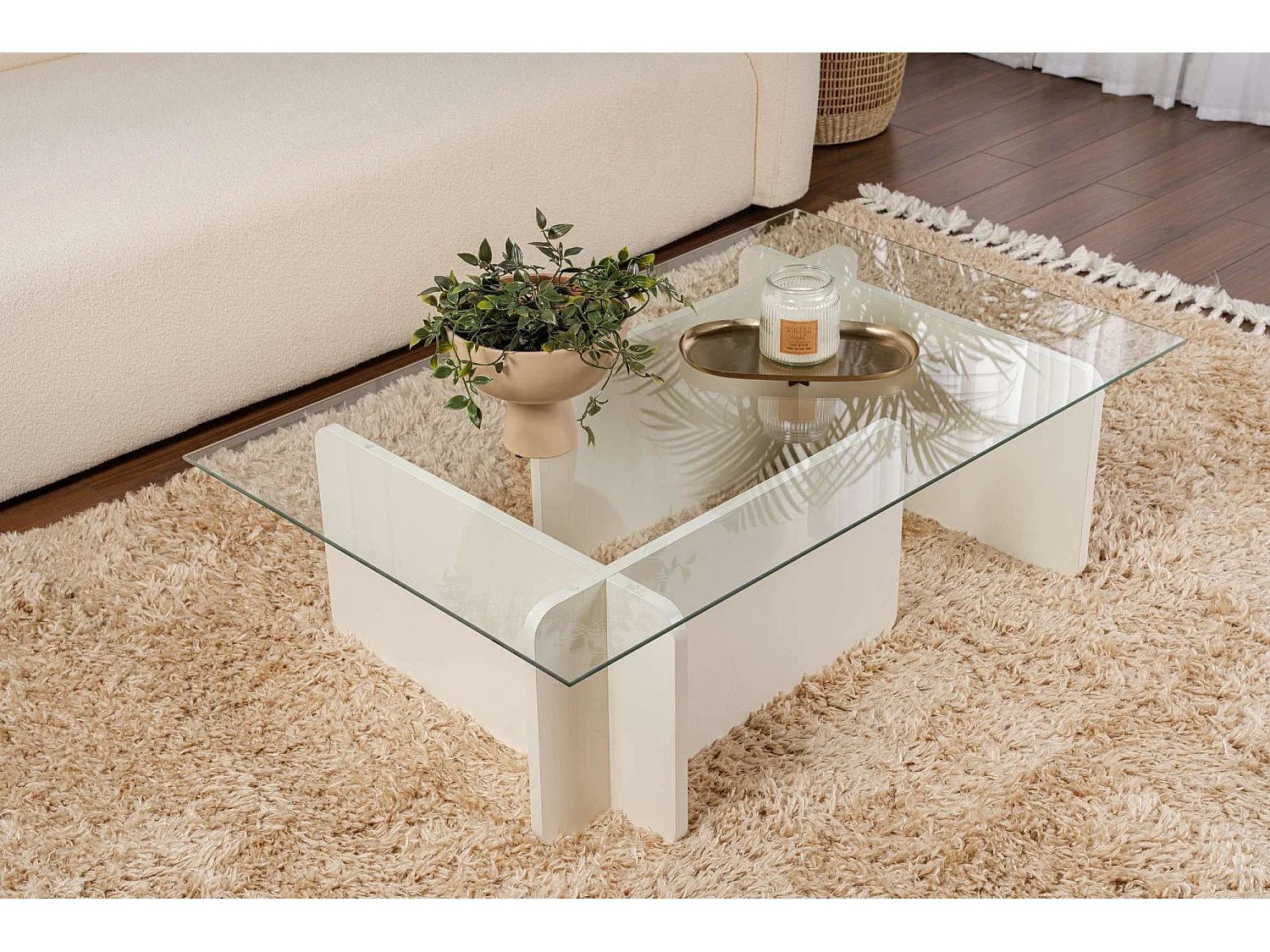 Table basse moderne Kerlo L105cm Bois Blanc et Verre trempé Transparent