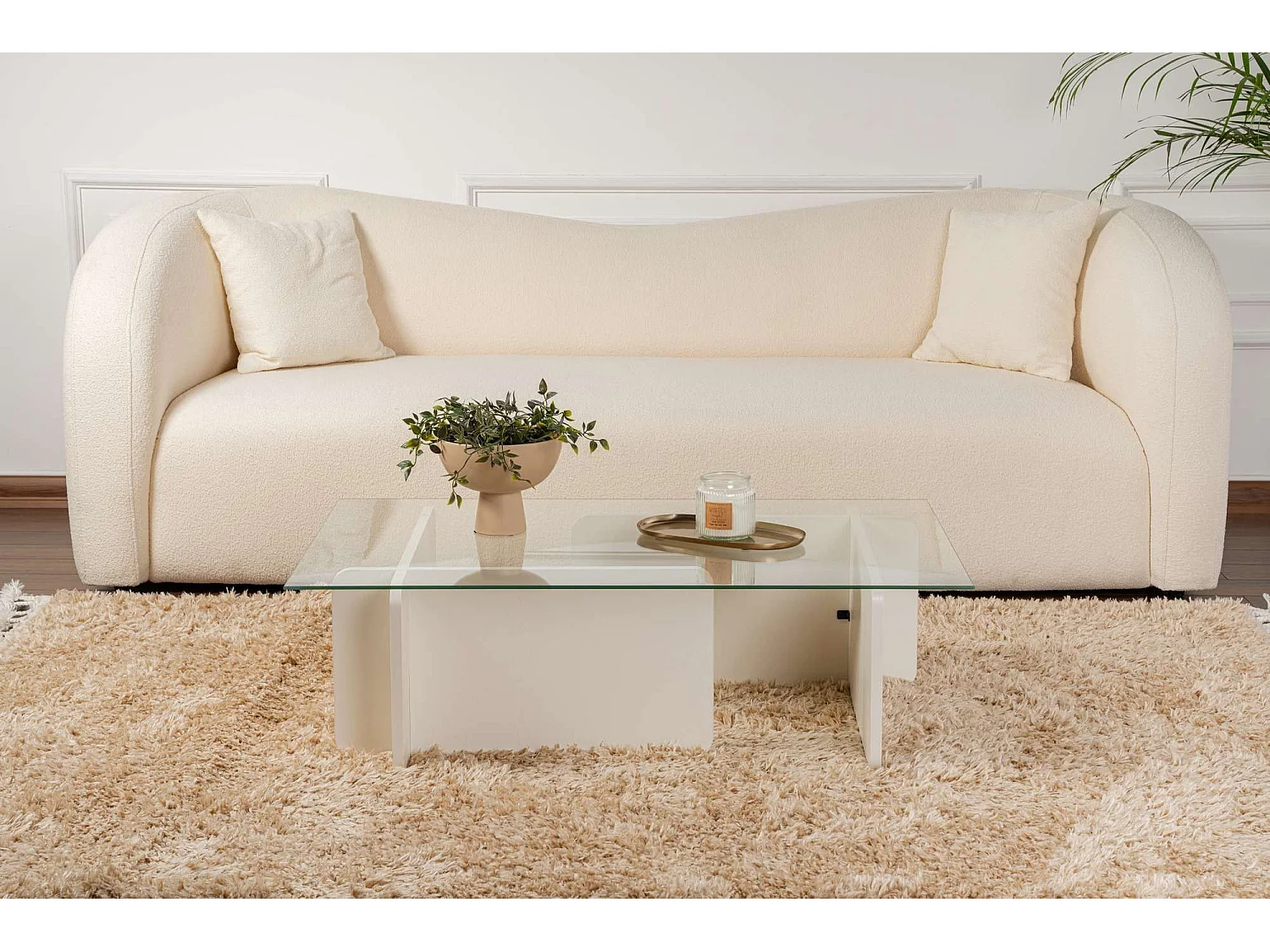 Table basse moderne Kerlo L105cm Bois Blanc et Verre trempé Transparent