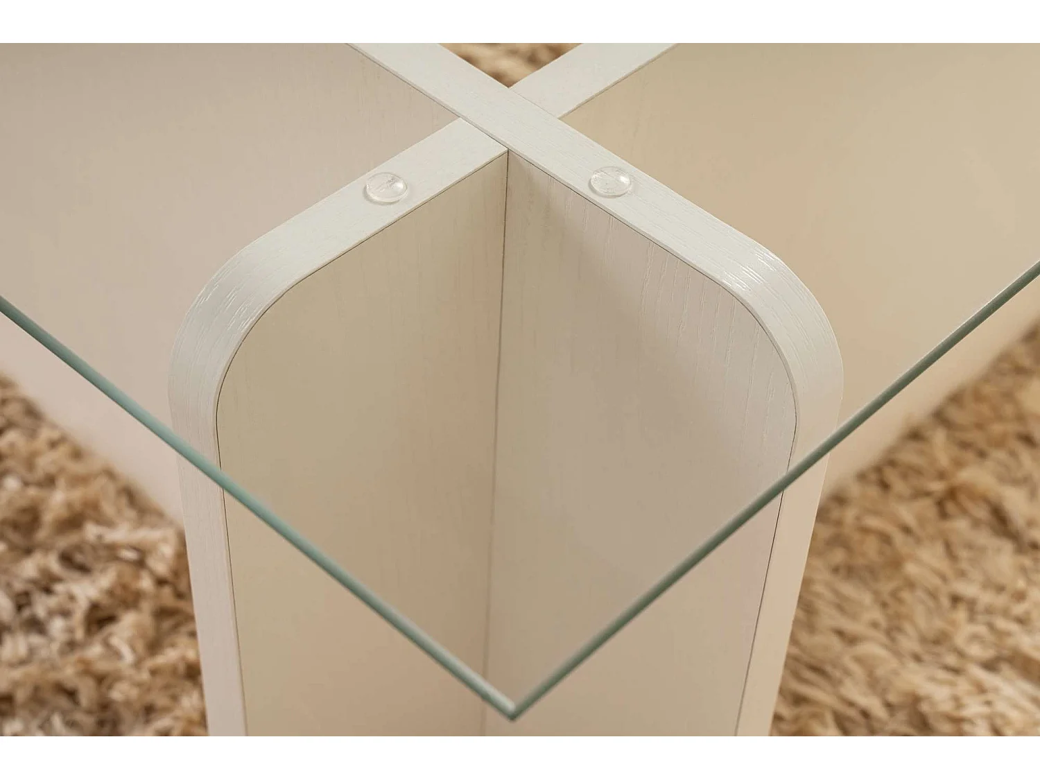 Table basse moderne Kerlo L105cm Bois Blanc et Verre trempé Transparent