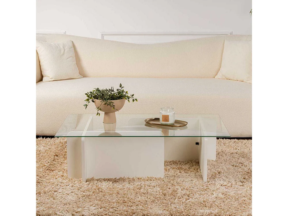 Table basse moderne Kerlo L105cm Bois Blanc et Verre trempé Transparent