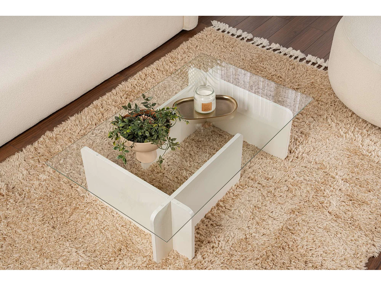 Couchtisch aus Glas "Flavio" 105 x 65 x 30 cm - Weißes Holz