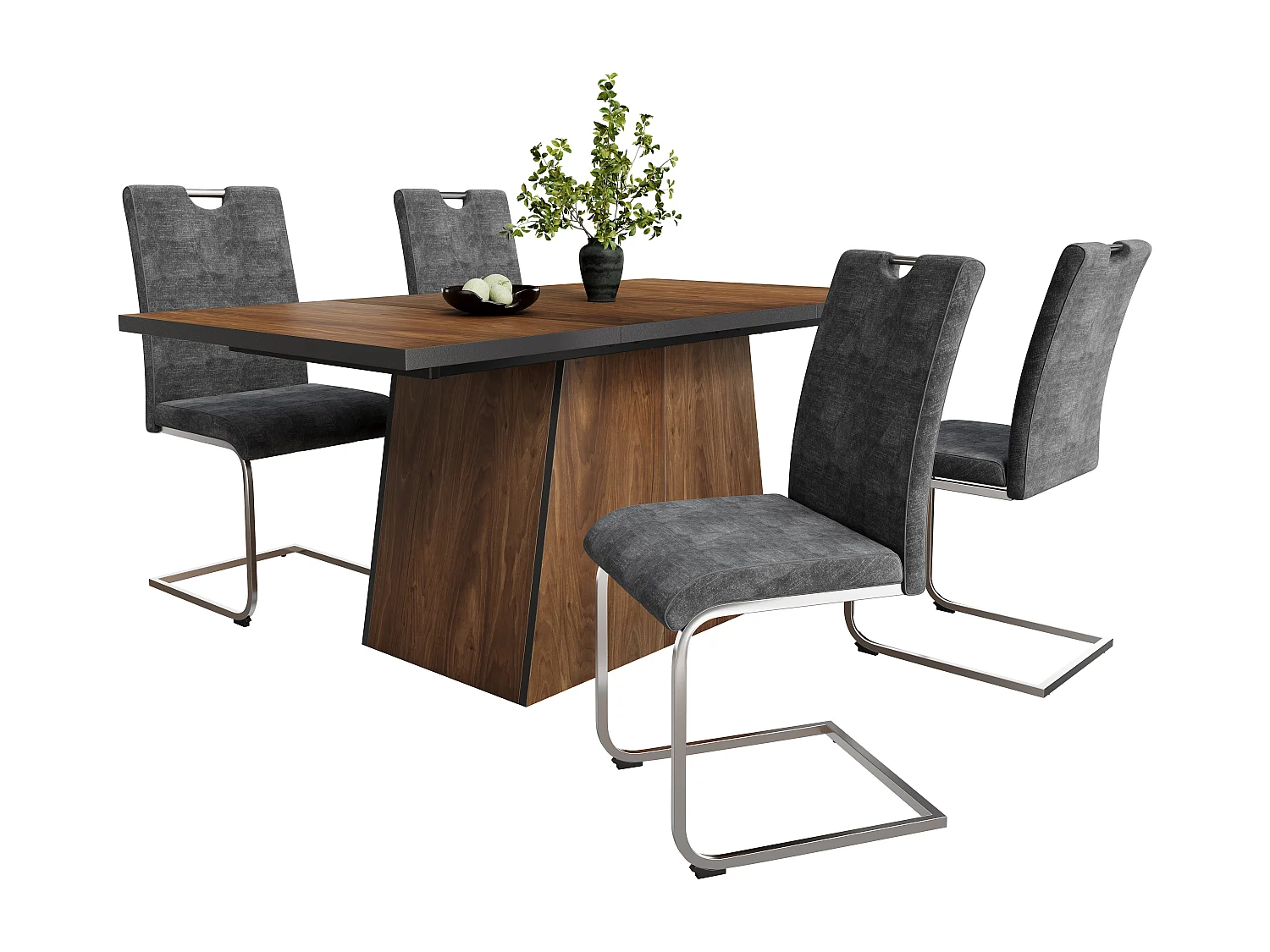 Conjunto de mesa + 4 cadeiras cantilever em veludo cinza - 138,5 x 80 x 75 cm - Madeira MDF - Castanho