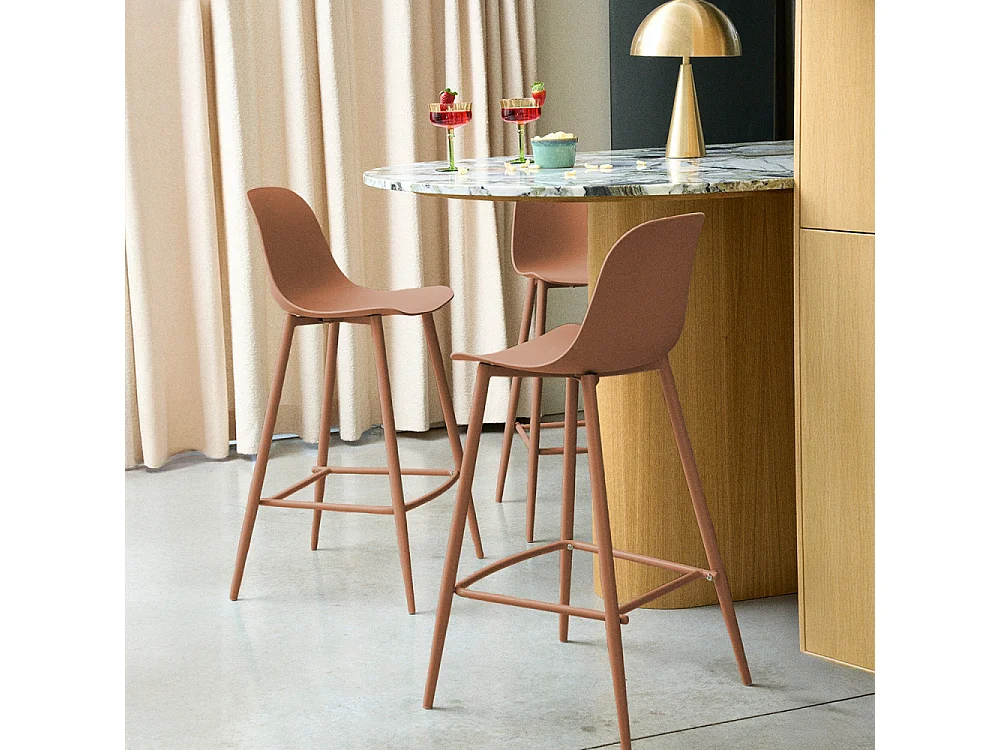Portland - Lot de 4 tabourets de bar intérieur et extérieur en plastique et métal H65cm - Terracotta